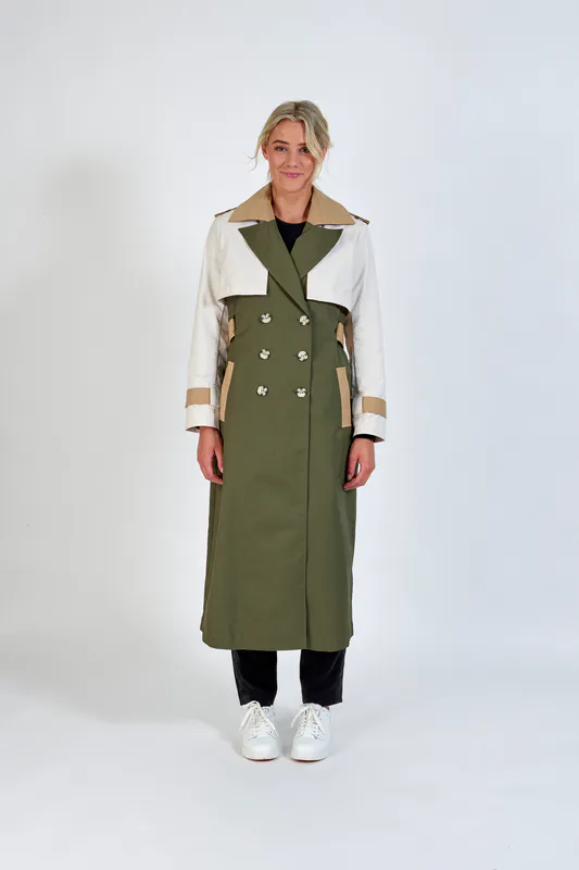 Model wearing Safari Signature Trench By Knewe Available at Beetees Nelson
