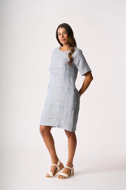 Model wearing Pale Blue Cross Dye Crowd Favourite Dress By Foil Available at Beetees Nelson