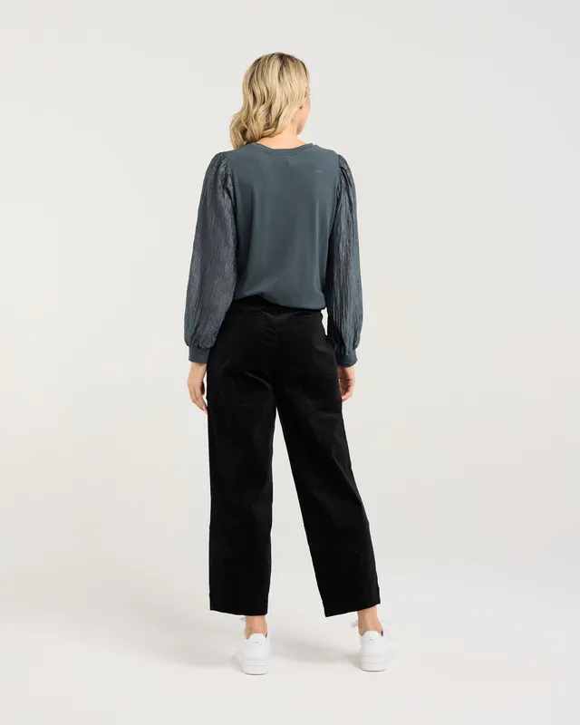 Model wearing Sharkskin Mix Hudson Crinkle Sleeve Top By Blackstone Available at Beetees Nelson