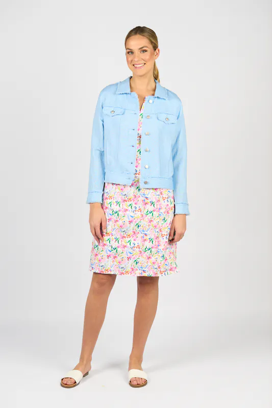 Model wearing Sky Blue Linen Jacket with Frayed Seams By Vassalli Available at Beetees Nelson