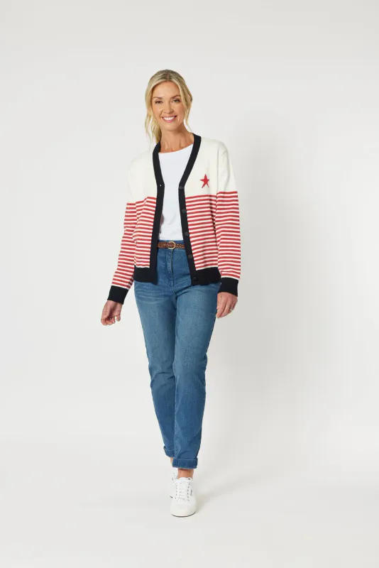 Model wearing Bonnie Stripe Cardigan By Gordon Smith Available at Beetees Nelson