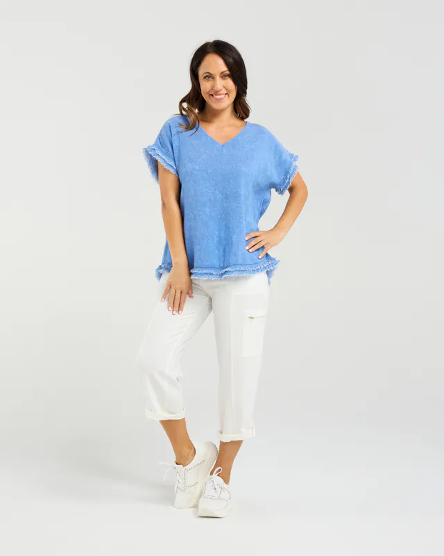 Model wearing Blue Lilah Top By Seduce Available at Beetees Nelson