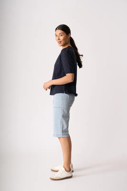 Model wearing True Navy Broderie Sleeve Top By Memo Available at Beetees Nelson