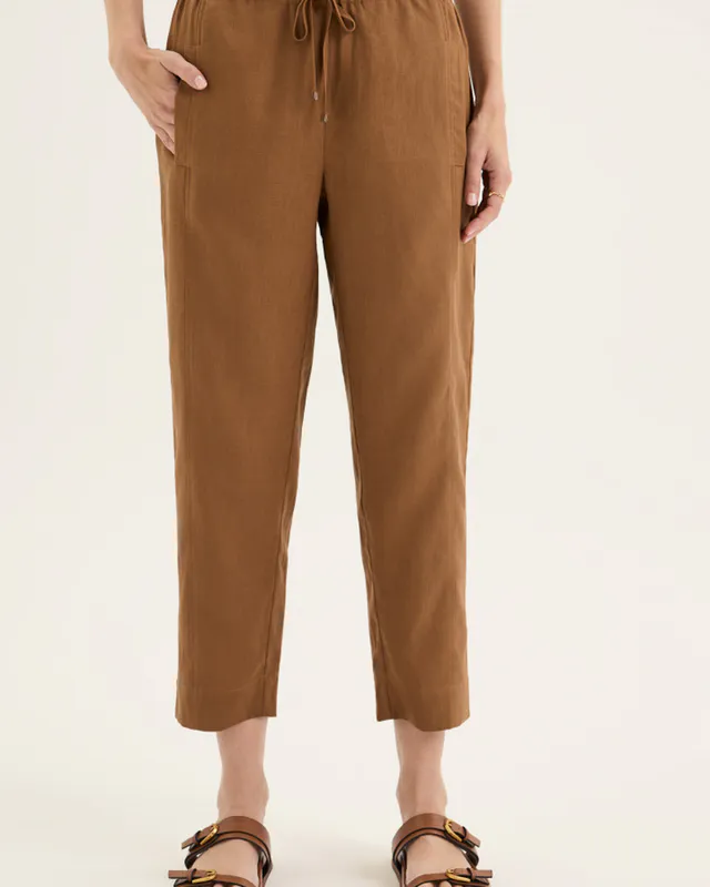 Model wearing Nutmeg Tirari Slim Pant By Yarra Trail Available at Beetees Nelson