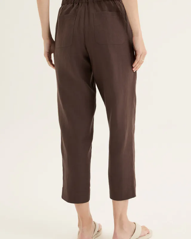 Model wearing Espresso Tirari Slim Pant By Yarra Trail Available at Beetees Nelson