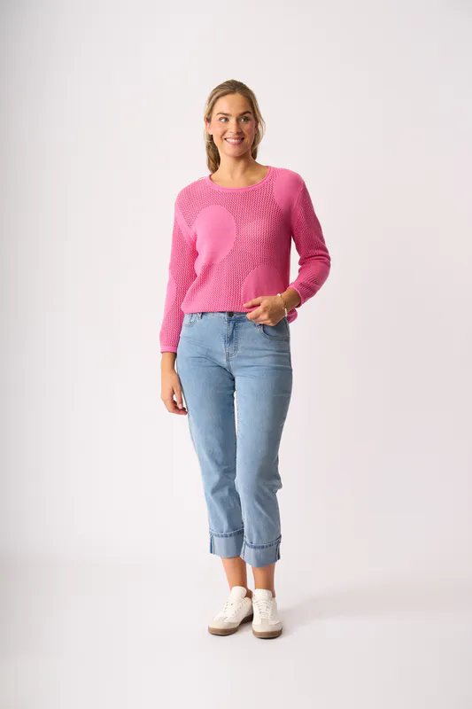 Model wearing Pink Spotted Sweater By Foil Available at Beetees Nelson