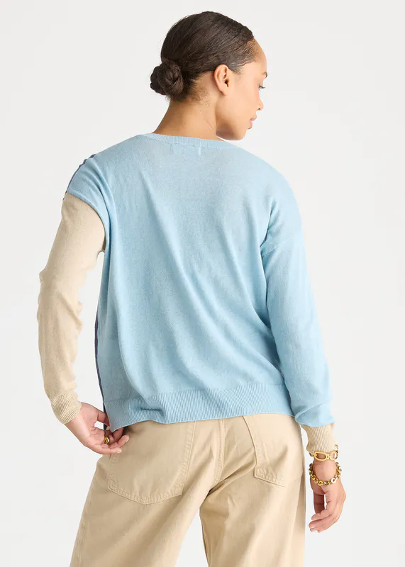 Model wearing Opal Colour Block Cardi By LD + CO Available at Beetees Nelson