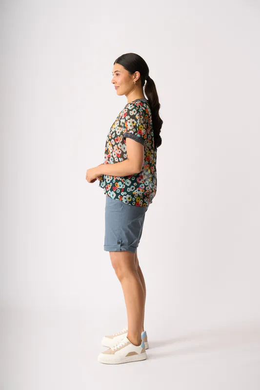 Model wearing Watercolour Floral Swing Rib Trim T-Shirt By Memo