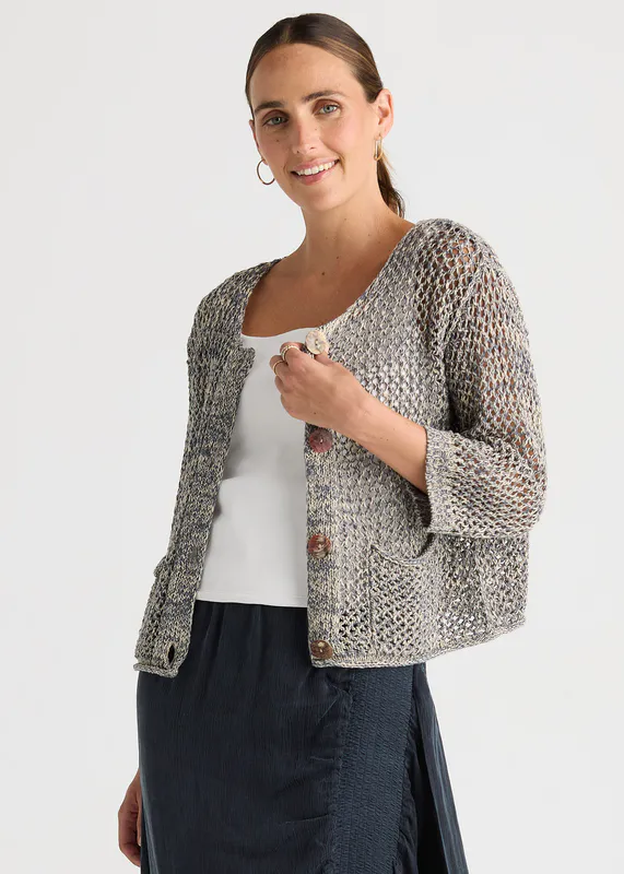 Model wearing Graphite Colour Mix Cardi By LD + CO Available at Beetees Nelson