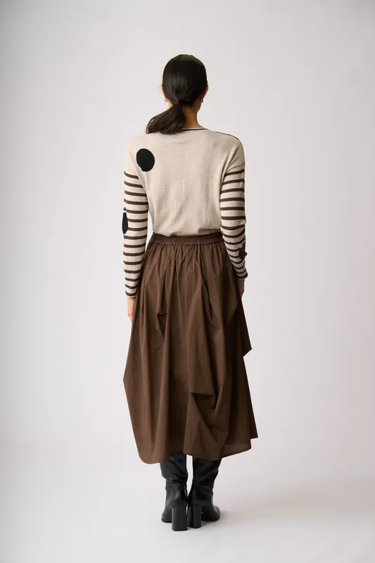 Model wearing Latte Cocoa Black Spots & Stripes Jumper By OH Three Available at Beetees Nelson