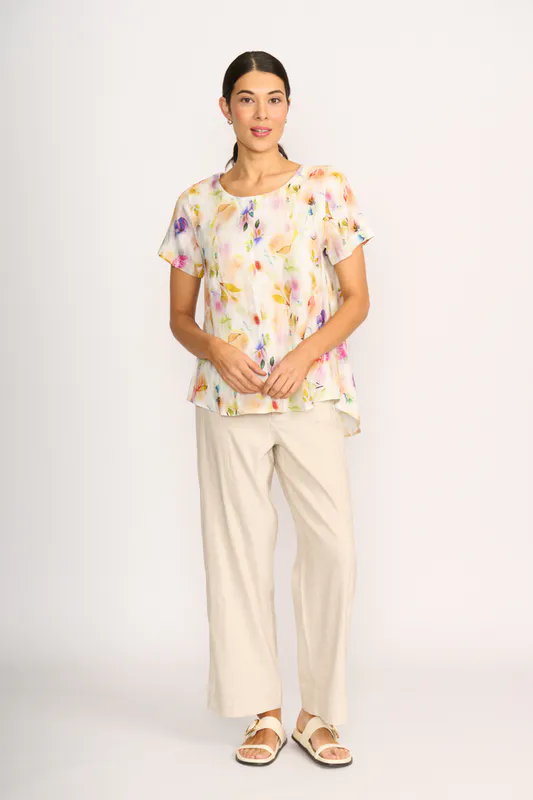 Model wearing Stone Wide Leg Contrast Stitch Trousers By Oh Three Available at Beetees Nelson