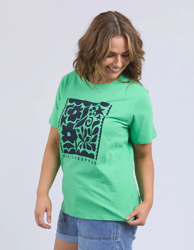 Model wearing Green Winona Tee By Elm Available at Beetees Nelson