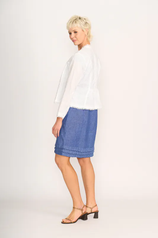 Model wearing White Fringe Festival Jacket By Foil Available at Beetees Nelson