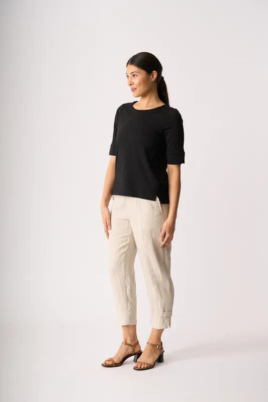 Model wearing Black Tee - Wide Neck, Elbow Sleeve By Esplanade Available at Beetees Nelson