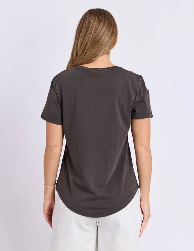 Model wearing Washed Black Citrus Tee By Foxwood Available at Beetees Nelson