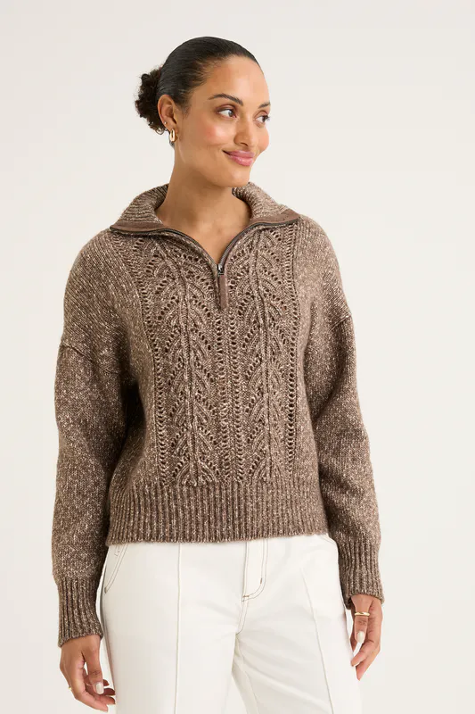 Model wearing Sandstone Vine Knit By Yarra Trai at Beetees Nelson