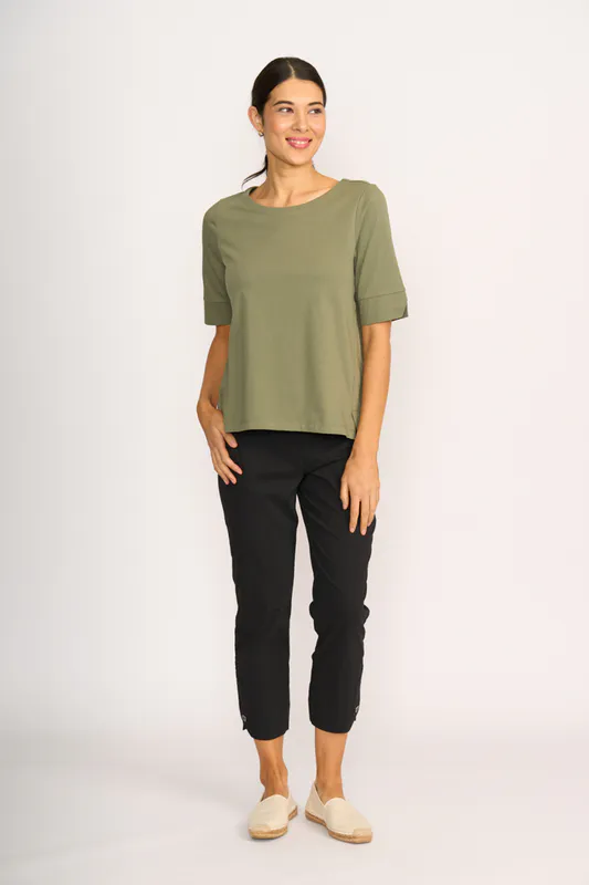 Model wearing Sage Tee - Wide Neck, Elbow Sleeve By Esplanade Available at Beetees Nelson