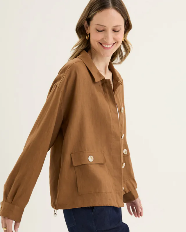 Model wearing Nutmeg Tirari Bomber By Yarra Trail Available at Beetees Nelson