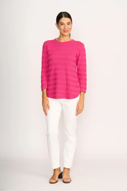 Model wearing Pink Jumper - Stripe Scoop By Foil Available at Beetees Nelson