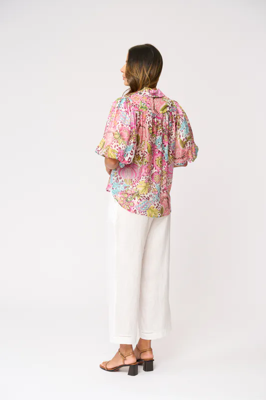 Model wearing Bohemia Bubble Trouble Blouse By Foil Available at Beetees Nelson