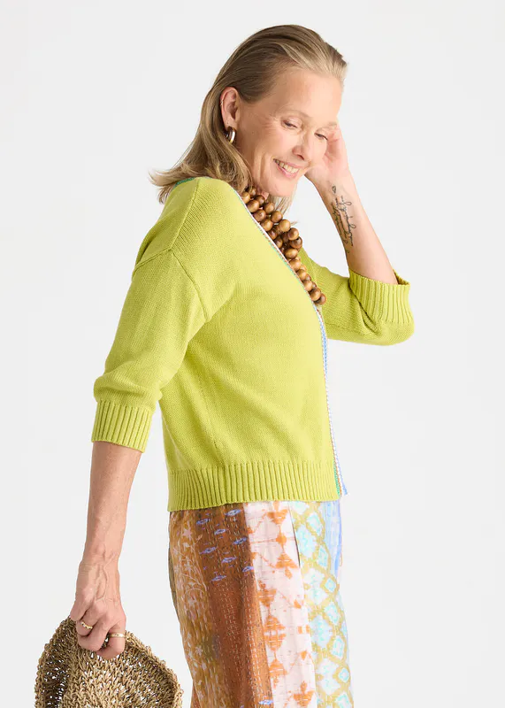 Model wearing Green Glow Crochet Trim Cardi By Zaket & Plover Available at Beetees Nelson