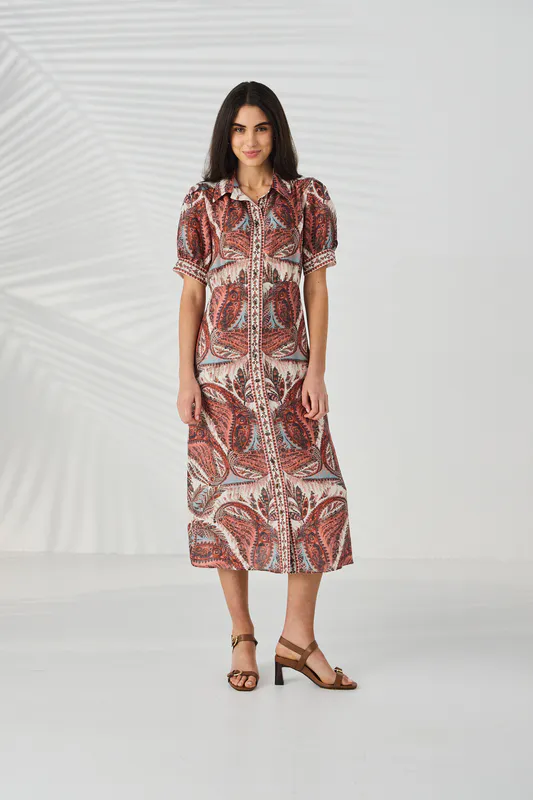 Model wearing Marsh Print Marsh Dress Available at Beetees Nelson