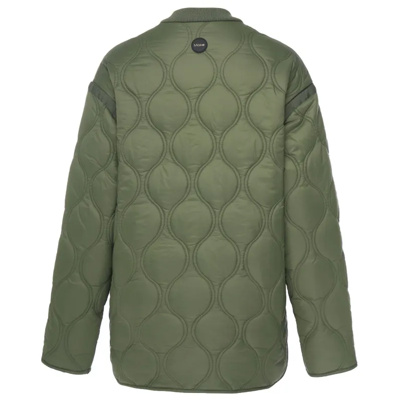 Model wearing Olive Green Talei Quilted Bomber Jacket By Moke Available at Beetees Nelson