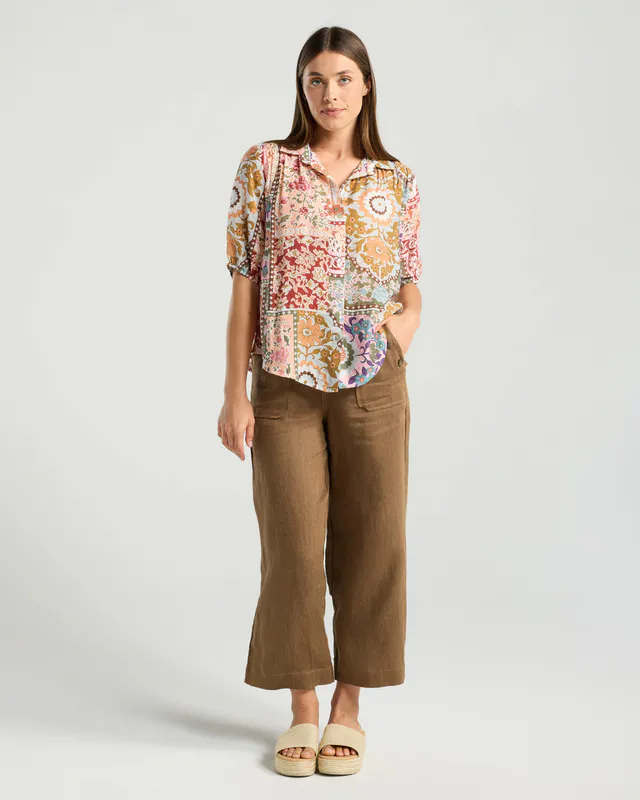Model wearing Pink Multi Darrell Gathered Waist Top By Blackstone Available at Beetees Nelson