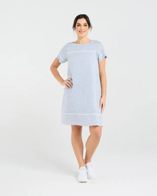 Model wearing Sky Blue CD Martine Ladder Trim Dress By Blackstone Available at Beetees Nelson
