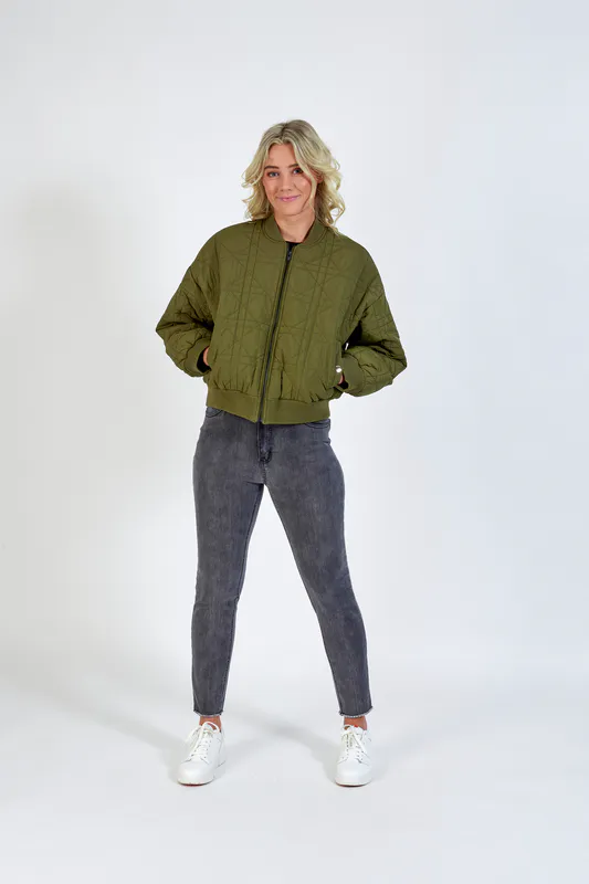 Model wearing Khaki Coloured Leo Bomber By Knewe Available at Beetees Nelson