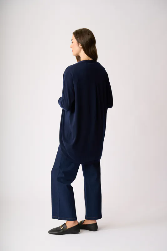 Model wearing Midnight Open Front Midi Cardigan By Foil Available at Beetees Nelson