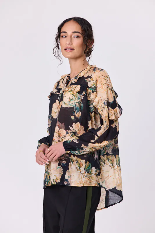 Model wearing Black Floral Sway Blouse By Navy & Co. Available at Beetees Nelson