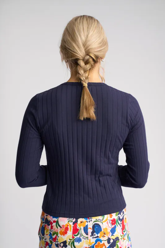 Model wearing Navy Suri Cardi By Vassalli Available at Beetees Nelson