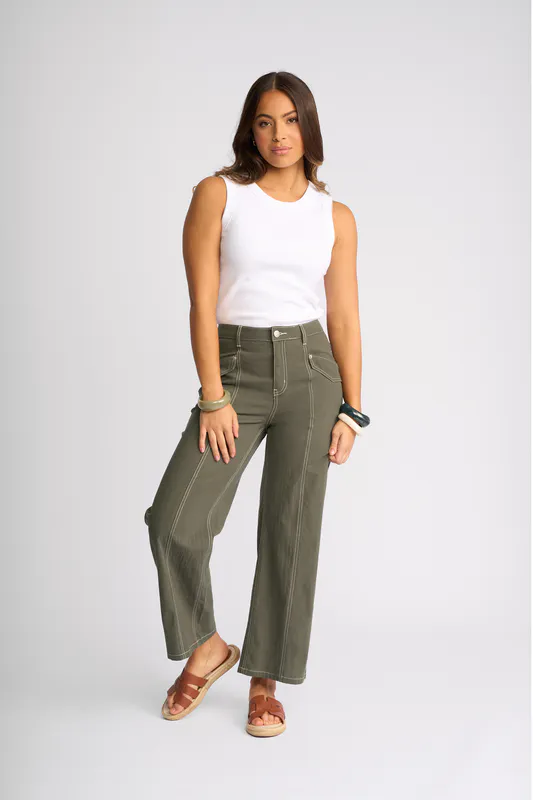 Model wearing Olive Shade Pant By Knewe Available at Beetees Nelson