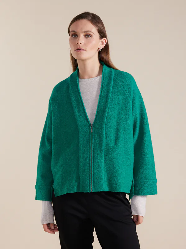 Model wearing Green Long Sleeve Boiled Wool Jacket By Marco Polo Available at Beetees Nelson