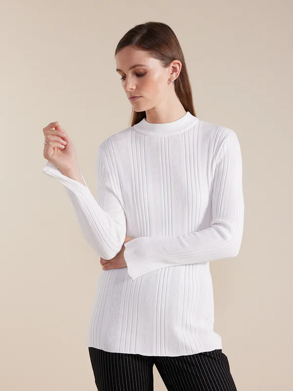 Model wearing winter white Coloured Essential Rib Knit Top By Marco Polo Available at Beetees Nelson