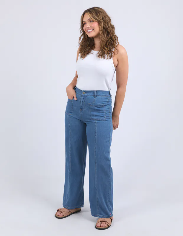 Model wearing Blue Fee Front Pocket Jean By Elm Available at Beetees Nelson