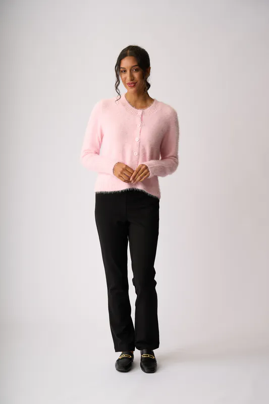 Model wearing Pink Fluffy Scoop Cardigan By Foil Available at Beetees Nelson