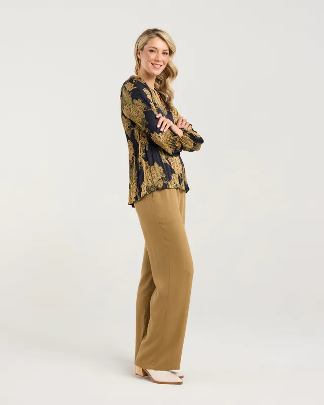 Model wearing Polar Night Antique Crinkle Pollyana Pleat Top By Blackstone Available at Beetees Nelson