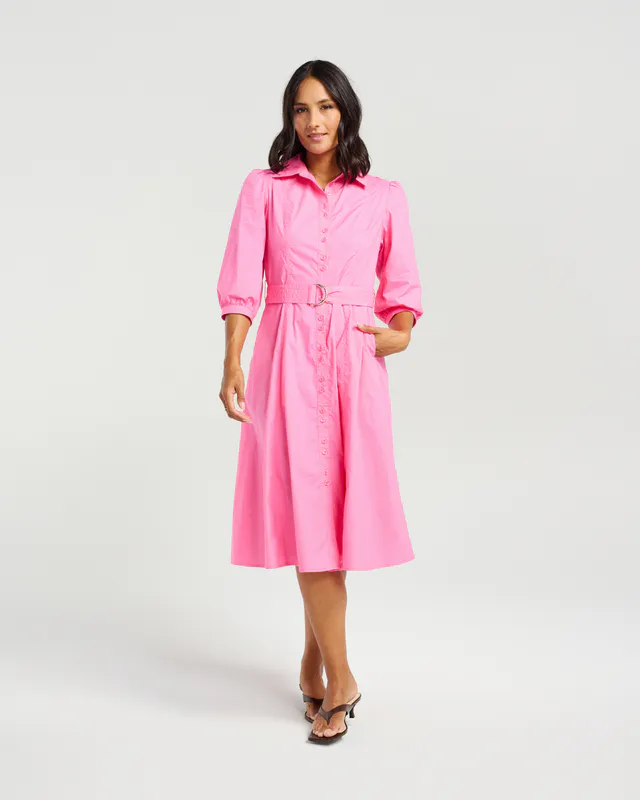 Model wearing Ruby Pink Rita Dress By NMBR Rose Available at Beetees Nelson