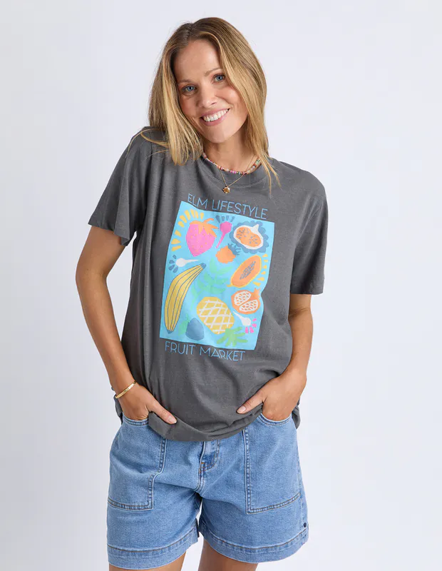 Model wearing Charcoal Fruit Market Tee By Elm Available at Beetees Nelson