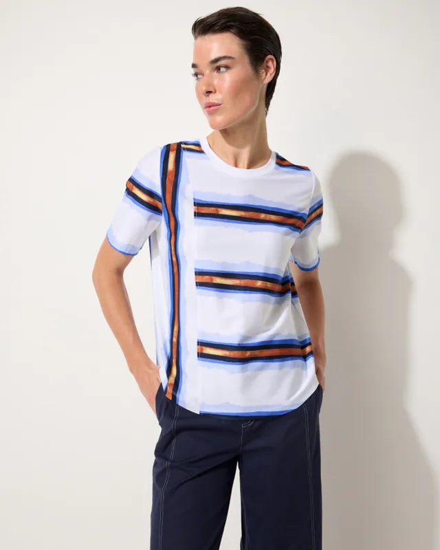 Model wearing White/Multi Horizon Lines Tee By Marco Polo Available at Beetees Nelson