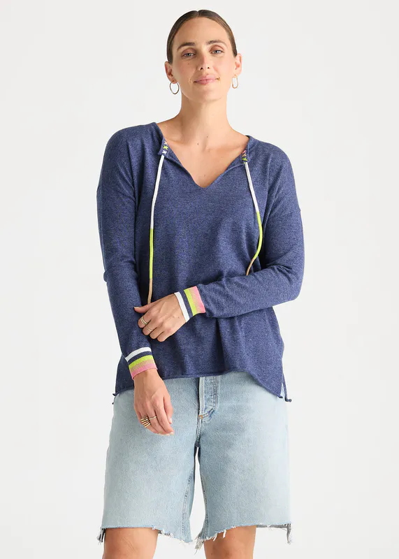 Model wearing Denim Island Tie Top By Zaket & Plover Available at Beetees Nelson