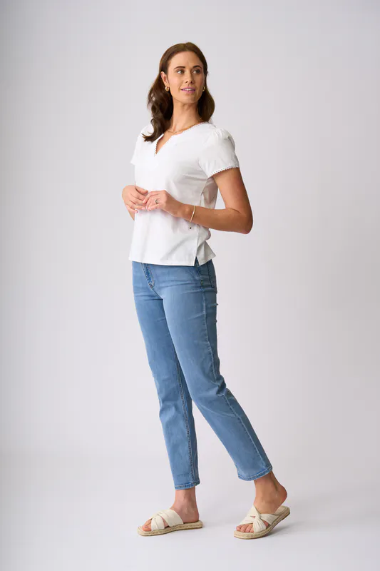 Model wearing White Stripe Waiheke Top By Charlie Jane Available at Beetees Nelson
