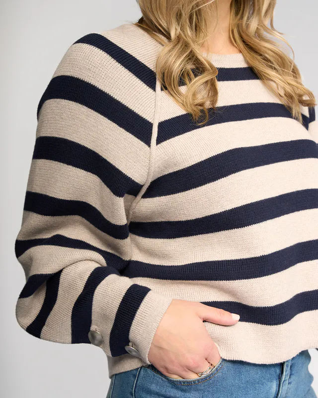 Model wearing Oat/ink Juno Sweater By Knewe Available at Beetees Nelson