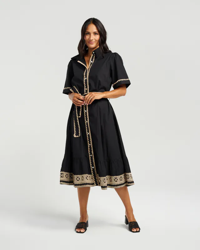 Model wearing Black Ginny Dress By NMBR Rose Available at Beetees Nelson