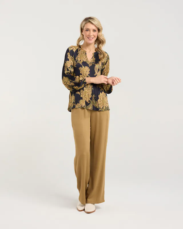 Model wearing Polar Night Antique Crinkle Pollyana Pleat Top By Blackstone Available at Beetees Nelson