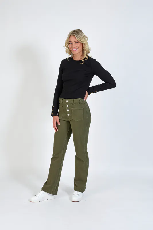 Model wearing Khaki Coloured Potter Jean By Knewe Available at Beetees Nelson