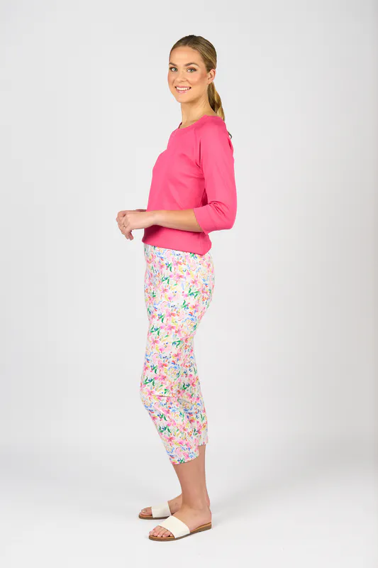 Model wearing Porto Printed Slim Leg 7/8 Length Lightweight Pull On By Vassalli Available at Beetees Nelson