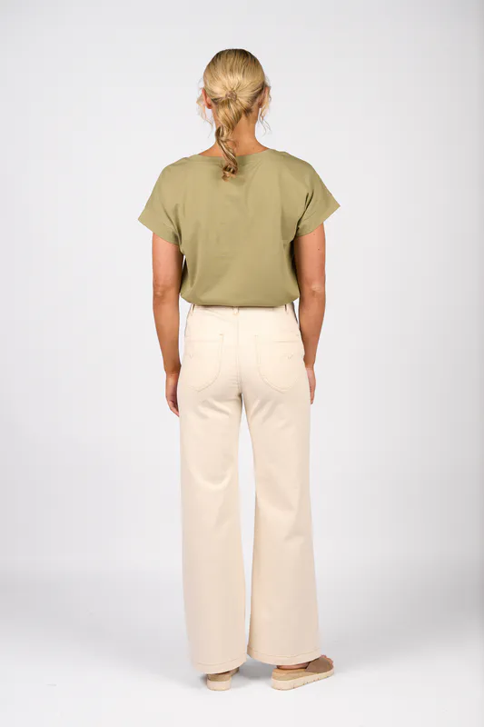 Model wearing Bone Wide Leg Full Length Jean By Vassalli Available at Beetees Nelson